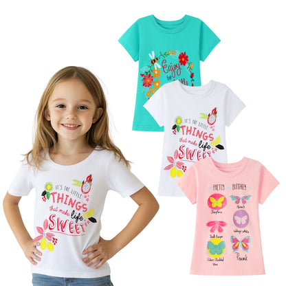 HILEELANG Little Girl Short Sleeve Tees Summer Pink White Green Flowers Cotton Tops Shirts 3 Packs