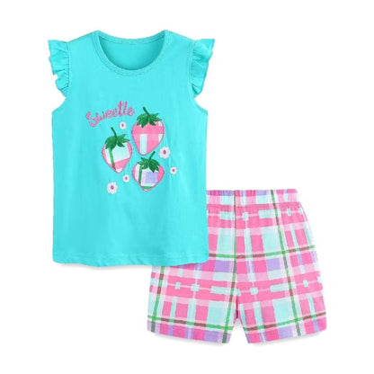 HILEELANG Toddler Girl Summer Short Clothes Sets Outfits Cotton Blue Strawberry Tee Shirts Shorts Playwear
