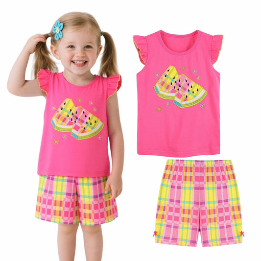 HILEELANG Toddler Princess Cotton Toddler Girl Summer Pink Watermelon Top & Check Shorts Set
