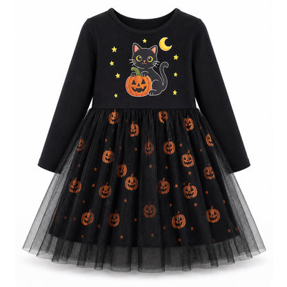 HILEELANG Girls Cotton Halloween Dress Long Sleeve Black Cat Pumpkin Tulle Dress