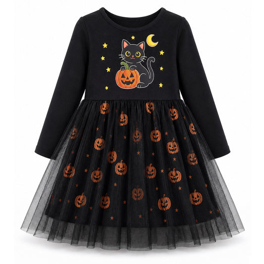 HILEELANG Girls Cotton Halloween Dress Long Sleeve Black Cat Pumpkin Tulle Dress