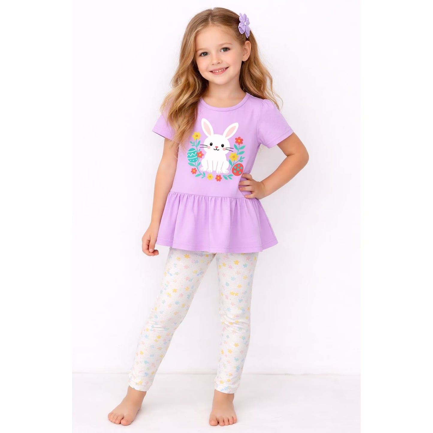 HILEELANG Toddler Girls 100% Cotton Bunny Floral Peplum Legging Set