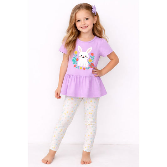 HILEELANG Toddler Girls 100% Cotton Bunny Floral Peplum Legging Set