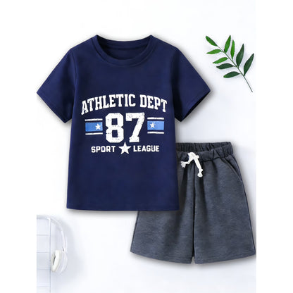 HILEELANG 4-13 Little/Big Boys Navy Athletic Dept Sport League Cotton Blend Tops & Shorts Set