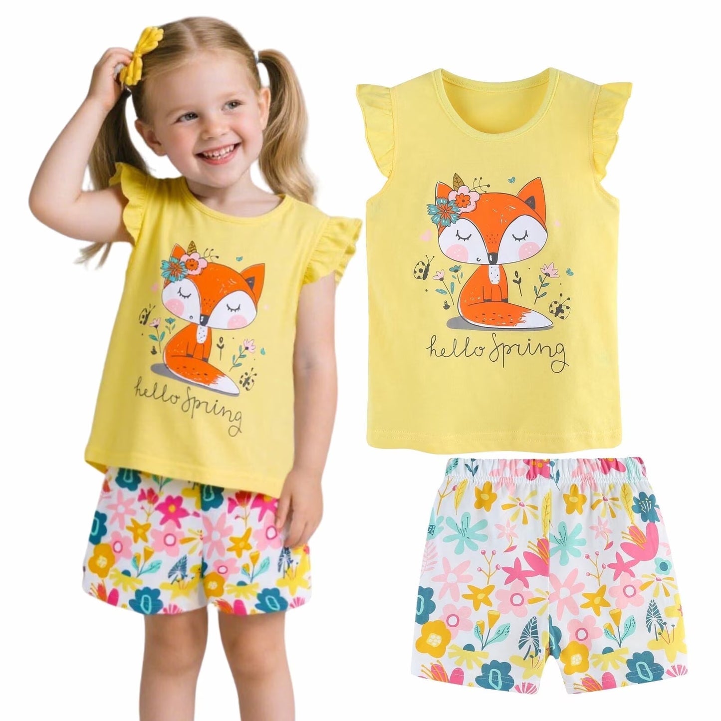 HILEELANG Toddler Girl Summer Short Sets Outfits Cotton CrewNeck Yellow Fox Short Sleeve Playwear 2PC Sets 2T