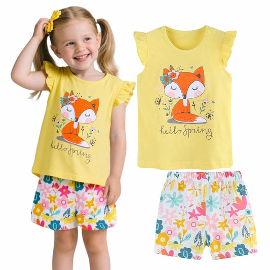 HILEELANG Toddler Girl Summer Short Sets Outfits Cotton CrewNeck Yellow Fox Short Sleeve Playwear 2PC Sets 2T