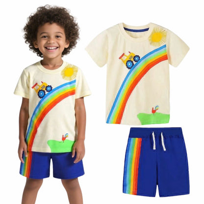 HILEELANG Toddler Boy Summer Short Sets Outfits Cotton CrewNeck Yellow Excavator Short Sleeve Playwear Sets