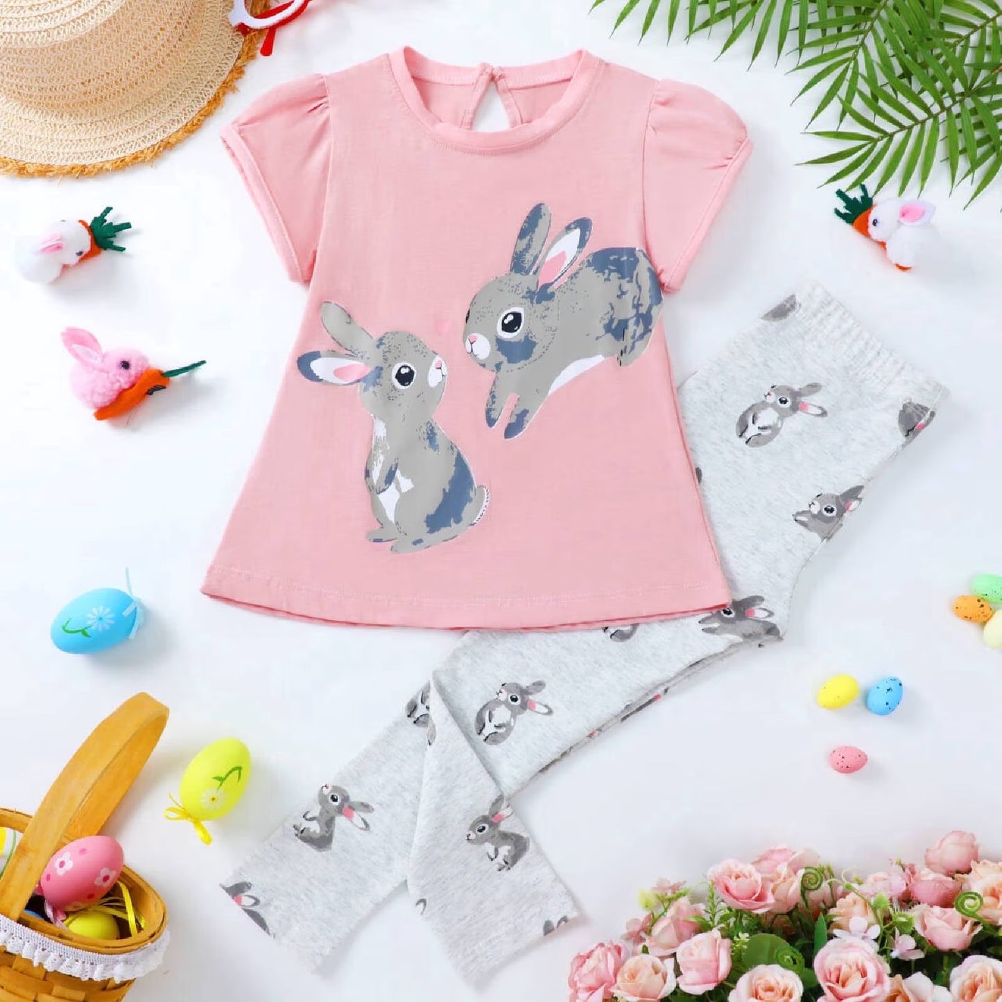 HILEELANG Toddler Girl Easter T-Shirt Leggings Outfit Set Summer Cotton Dust Pink Bunny Rabbit Ruffle Short Clothing Sets 2T