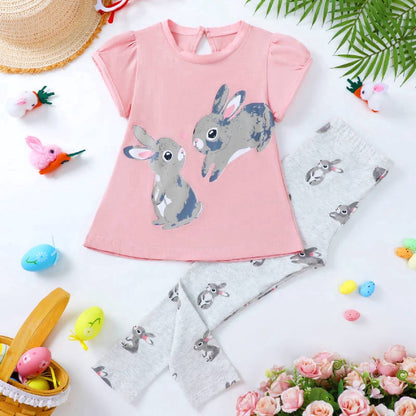 HILEELANG Toddler Girl Easter T-Shirt Leggings Outfit Set Summer Cotton Dust Pink Bunny Rabbit Ruffle Short Clothing Sets 2T