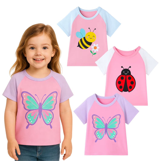 HILEELANG 2-7T Toddler/Little Girls Pink/Mint/Purple Cute Animal Graphic 100% Cotton T-Shirt 3-Pack