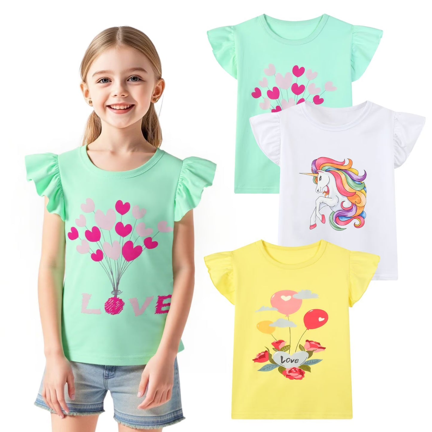 HILEELANG Little Girls' Short Sleeve Tee Shirt Cotton Casual Crewneck Unicorn Flowers Graphic Tops T-Shirts Black White Green 3 Packs