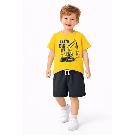 HILEELANG Toddler Boys 100% Cotton Let's Dig It Excavator Short Set