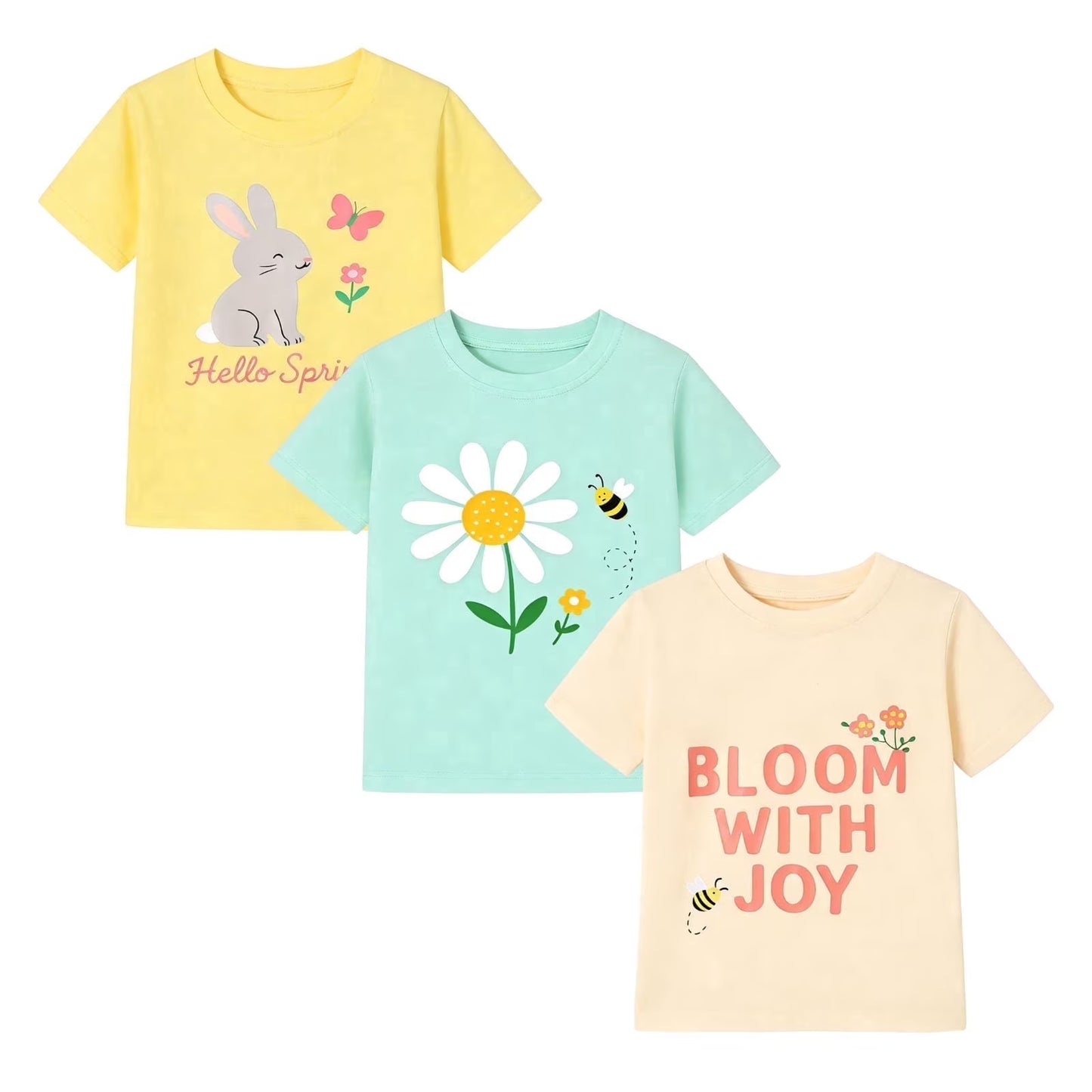 HILEELANG 2-7T Toddler/Little Girls 100% Cotton 3 Pack Bunny Graphic Short Sleeve T-Shirt