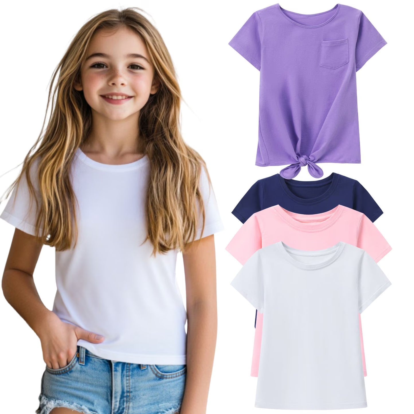 HILEELANG 4-PC Little Girls 5-16Y Navy White Pink Purple Cotton Short Sleeve Crewneck T Shirt Tee