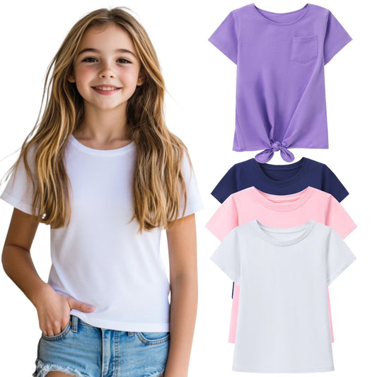 HILEELANG 4-PC Little Girls 5-16Y Navy White Pink Purple Cotton Short Sleeve Crewneck T Shirt Tee