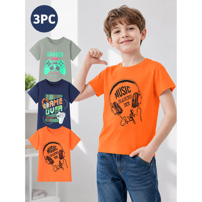 HILEELANG Kids Boys T-Shirts 3 Pack, 100% Cotton Short Sleeve Tees for 6-12Y, Gamer & Music Themed Summer Tops for Teen Boys Version 2 (Keyword-Focused)