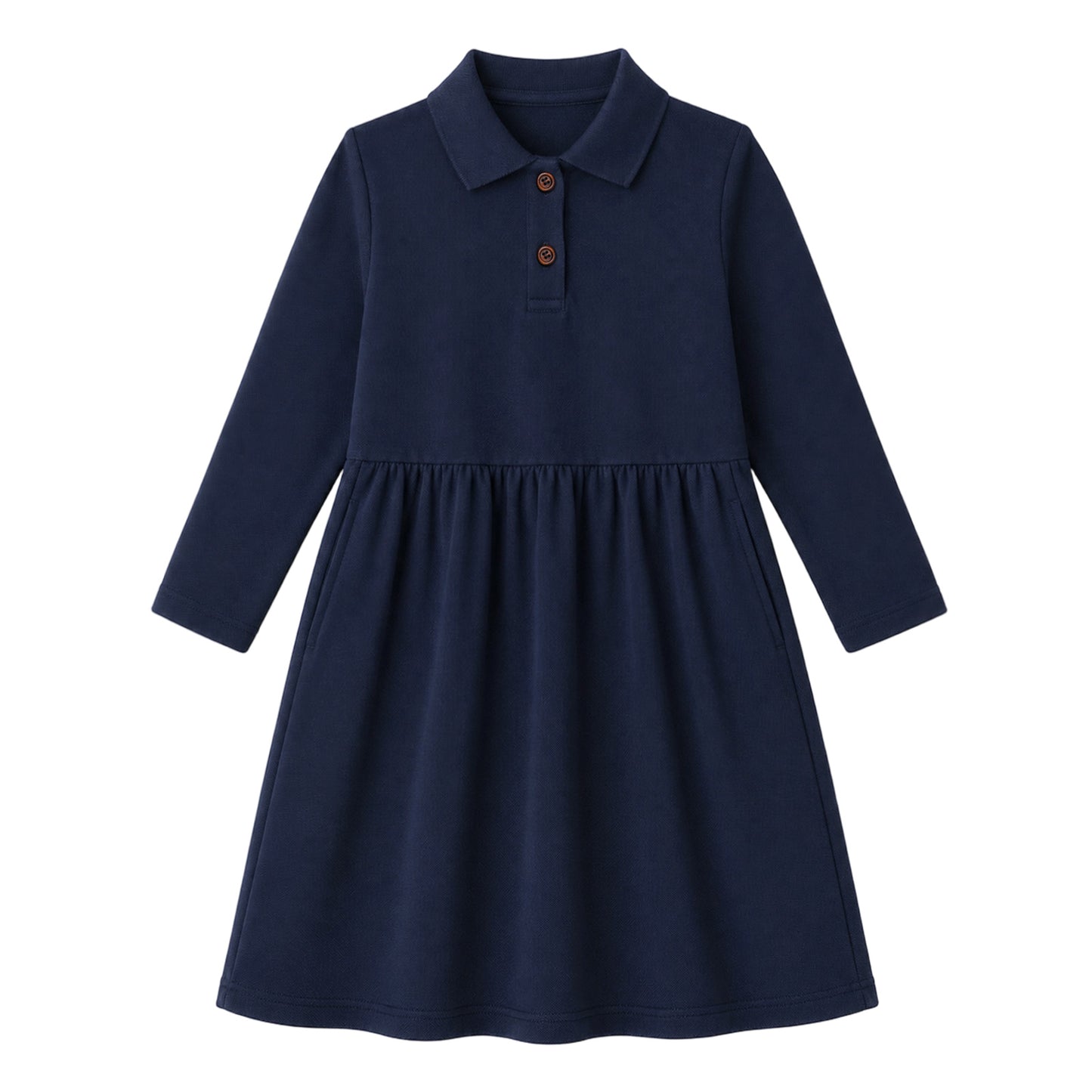 HILEELANG 4-13Y Girls Long Sleeve Polo Dress School Uniform Dress with Pockets Cotton Blend Pique Collared Dress Navy Blue