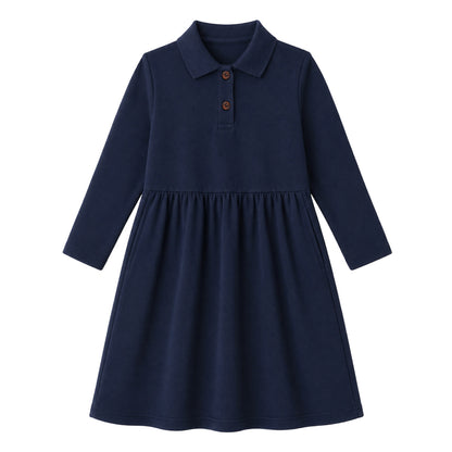 HILEELANG 4-13Y Girls Long Sleeve Polo Dress School Uniform Dress with Pockets Cotton Blend Pique Collared Dress Navy Blue