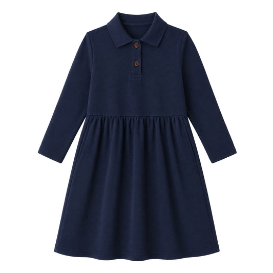 HILEELANG 4-13Y Girls Long Sleeve Polo Dress School Uniform Dress with Pockets Cotton Blend Pique Collared Dress Navy Blue