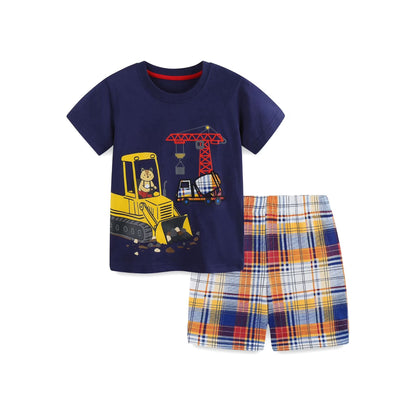 HILEELANG Toddler Boys 100% Cotton Construction Truck Plaid Short Set