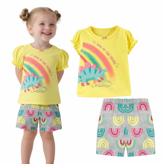 HILEELANG Toddler Girl Summer Short Outfits Cotton CrewNeck Yellow Animals Short Sleeve Playwear 2PC Sets 2T