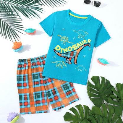 HILEELANG Toddler Boy Summer Short Clothes Sets Outfits Easter Cotton Blue Dinosaur Shirts Shorts Playwear