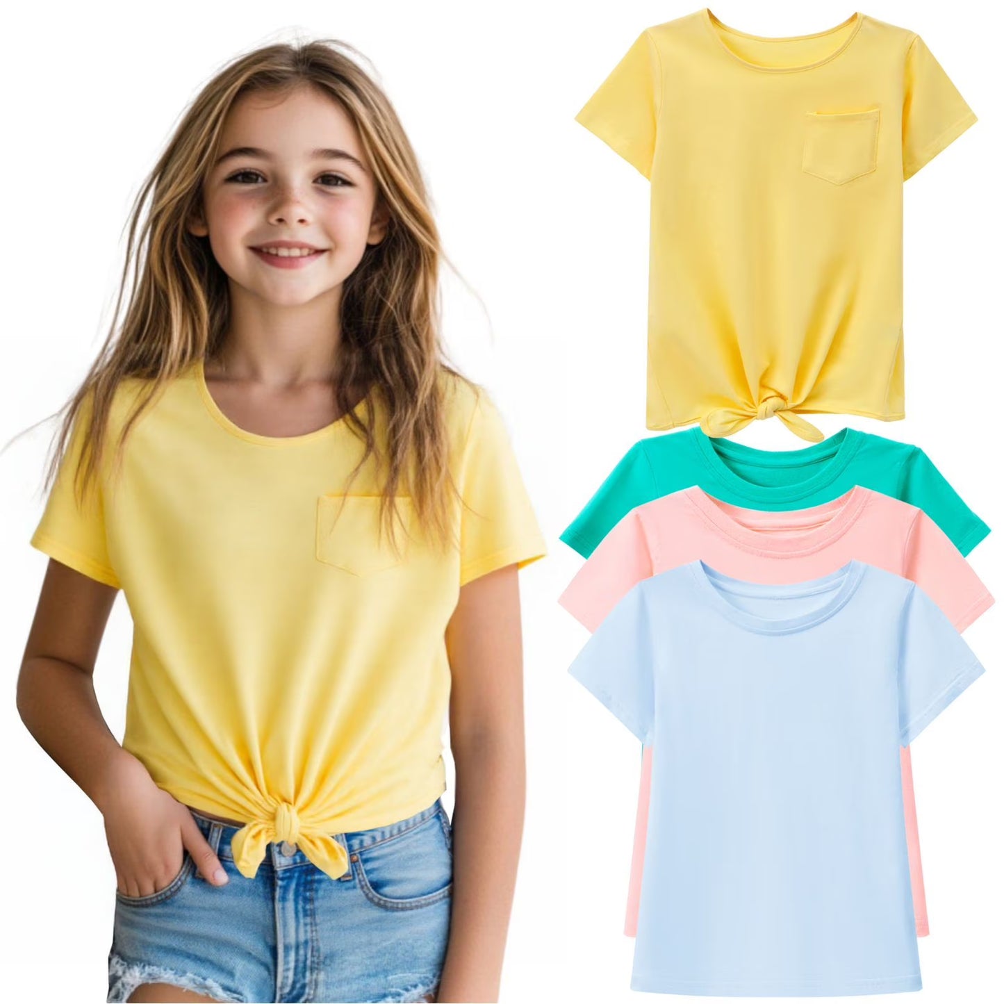 HILEELANG 4-PC Little Girls 5-16Y Teal Light Blue Peach Yellow Cotton Short Sleeve Crewneck T Shirt Tee