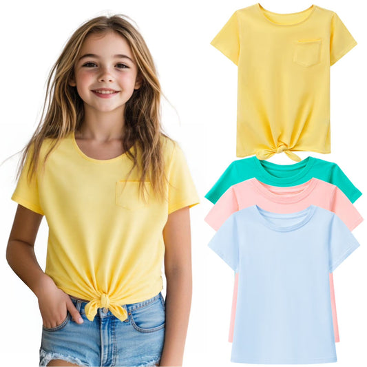HILEELANG 4-PC Little Girls 5-16Y Teal Light Blue Peach Yellow Cotton Short Sleeve Crewneck T Shirt Tee