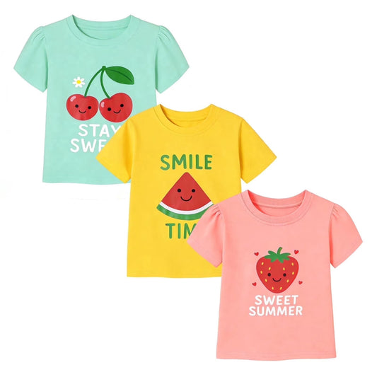 HILEELANG 2-7T Toddler/Little Girls 100% Cotton 3 Pack Fruit Graphic Short Sleeve T-Shirt