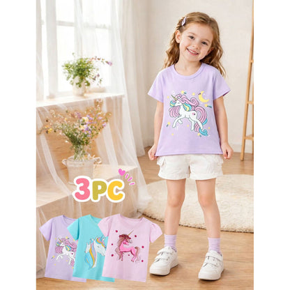 HILEELANG Toddler Girls' Short Sleeve Tee Shirt Cotton Crewneck Unicorn Graphic Tops T-Shirts Purple Green 3 Packs