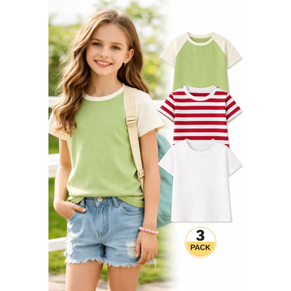 HILEELANG Little/Big Girls 4-13Y Cream/Green/Pink Stripe 100% Cotton T-Shirt 3-Pack