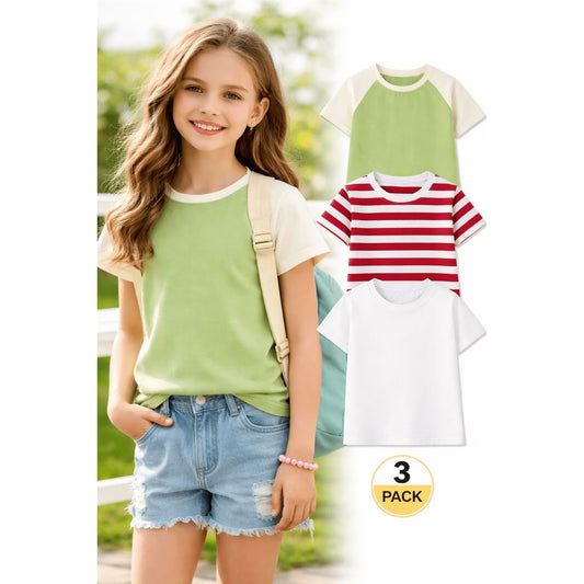 HILEELANG Little/Big Girls 4-13Y Cream/Green/Pink Stripe 100% Cotton T-Shirt 3-Pack