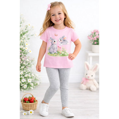 HILEELANG Toddler Girls 100% Cotton Bunny Daisy Puff Sleeve Legging Set