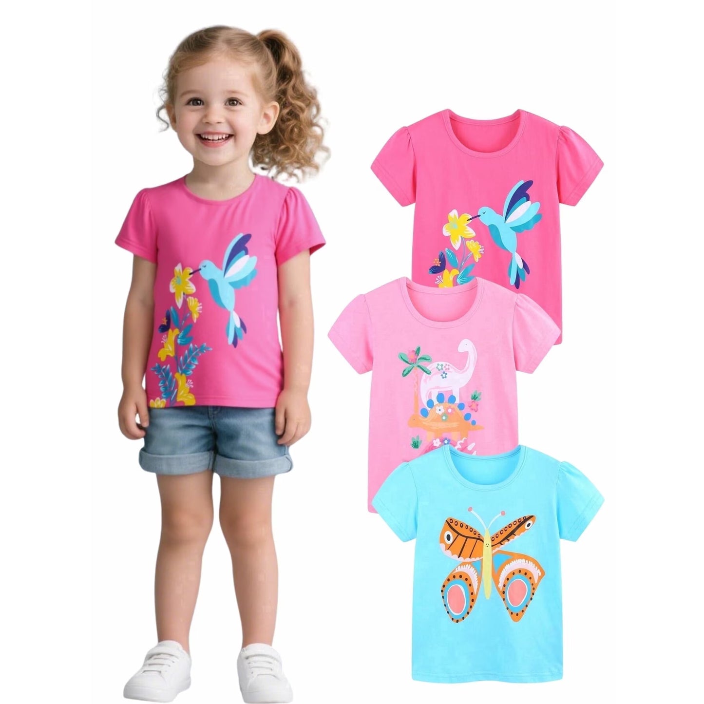 HILEELANG 2-7T Toddler Little Girls 3-Pack T-Shirts Butterfly Hummingbird Dinosaur Graphic 100% Cotton Short Sleeve Summer Tees Pink Blue