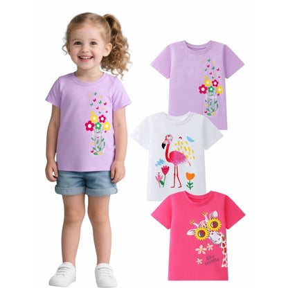 HILEELANG 2-7T Toddler Little Girls 3-Pack T-Shirts Flamingo Giraffe Flower Graphic 100% Cotton Short Sleeve Summer Tees White Pink Purple