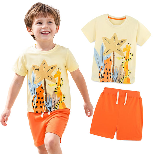 HILEELANG Toddler Boy Summer Short Clothes Sets Outfits Easter Cotton Yellow Cat Giraffe Shirts Shorts Playwear