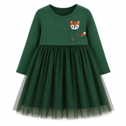 HILEELANG  Girls Fox Pocket Layered Dress, Long Sleeve 2-7Y