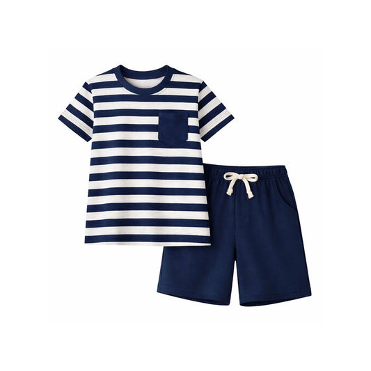 HILEELANG Little/Big Boys 4–13 Navy Stripe 2-Piece Outfit, Cotton-Blend Stretch T-Shirt and Knit Shorts Set, Summer Clothes for Boys