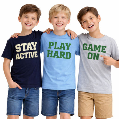 HILEELANG 4-13 Little/Big Boys Gray/Navy/Light Blue Varsity Slogan 100% Cotton 3-Pack Short Sleeve T-Shirt