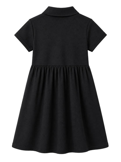 HILEELANG 4-13T Little Girls' black Short Sleeve Polo Dress with Pockets, School Uniform Casual Dress for Kids