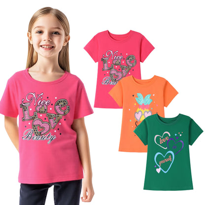 HILEELANG Little Girl Short Sleeve Tees Summer Pink Orange Green Heart Cotton Tops Shirts 3 Packs