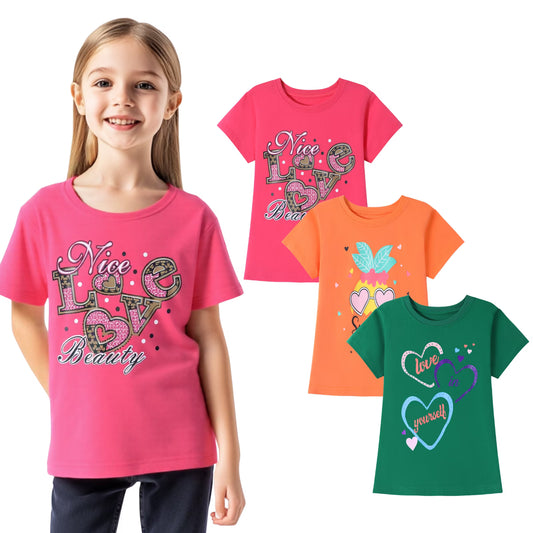 HILEELANG Little Girl Short Sleeve Tees Summer Pink Orange Green Heart Cotton Tops Shirts 3 Packs