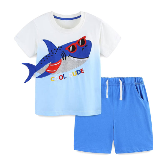 HILEELANG Toddler Boys 100% Cotton Cool Dude Shark Short Set, Sizes
