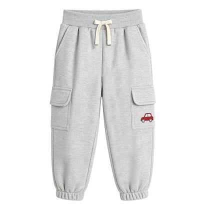 HILEELANG Toddler Boys 2 Pack Cargo Jogger Pants Car Embroidery Drawstring Sweatpants Heather Grey Olive