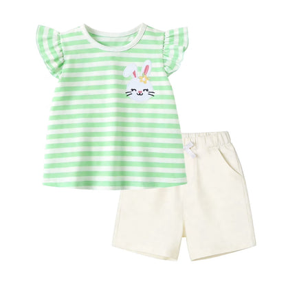 Hero image 1 of HILEELANG Toddler Girls 100% Cotton Bunny Stripe Ruffle Short Set, Sizes 2T, 1 of 7      Best seller Visit the HILEELANG Store HILEELANG Toddler Girls 100% Cotton Bunny Stripe Ruffle Short Set