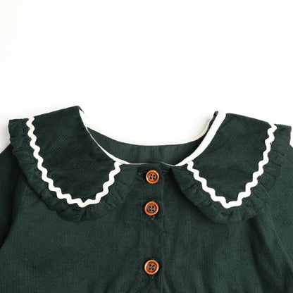 HILEELANG Toddler Girls 100% Cotton Long Sleeve Dress, Peter Pan Collar Ruffle Trim Button Front Casual Dress, Dark Green