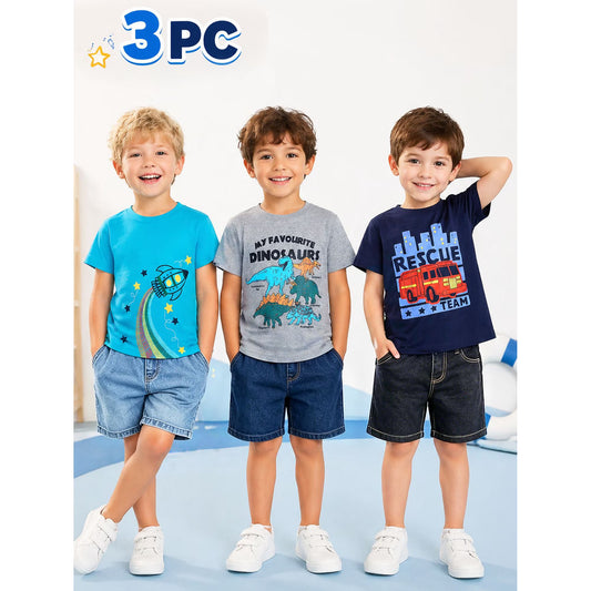 HILEELANG 2-7T Toddler Little Boys 3-Pack T-Shirts Dinosaur Fire Truck Space Rocket Graphic 100% Cotton Short Sleeve Summer Tees Blue Gray Teal