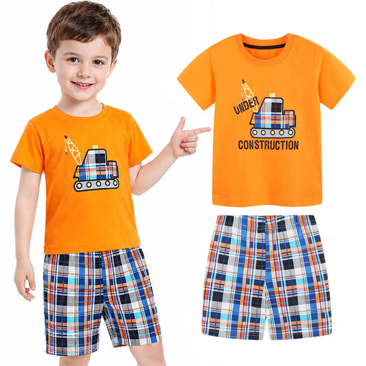HILEELANG Toddler Boy Summer Short Clothes Sets Outfits Easter Cotton Orange Excavator Tee Shirts Shorts Playwear 3T
