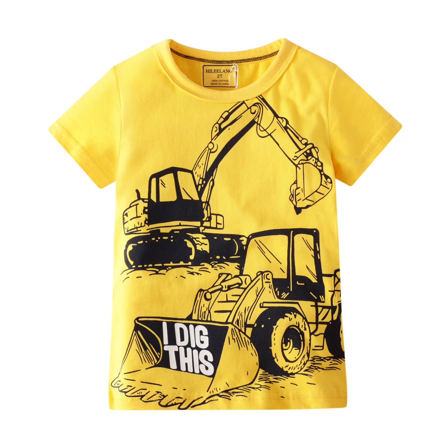 HILEELANG Toddler Boys' Short Sleeve Cotton T-Shirt, Excavator Graphic, Yellow/Grey