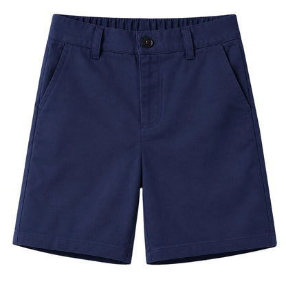 HILEELANG 5-15 Years Little Big Boys School Uniform Shorts 2 Pack, Elastic Waist Flat Front Khaki Navy Chino Shorts with Pockets for Kids Navy Blue Khaki